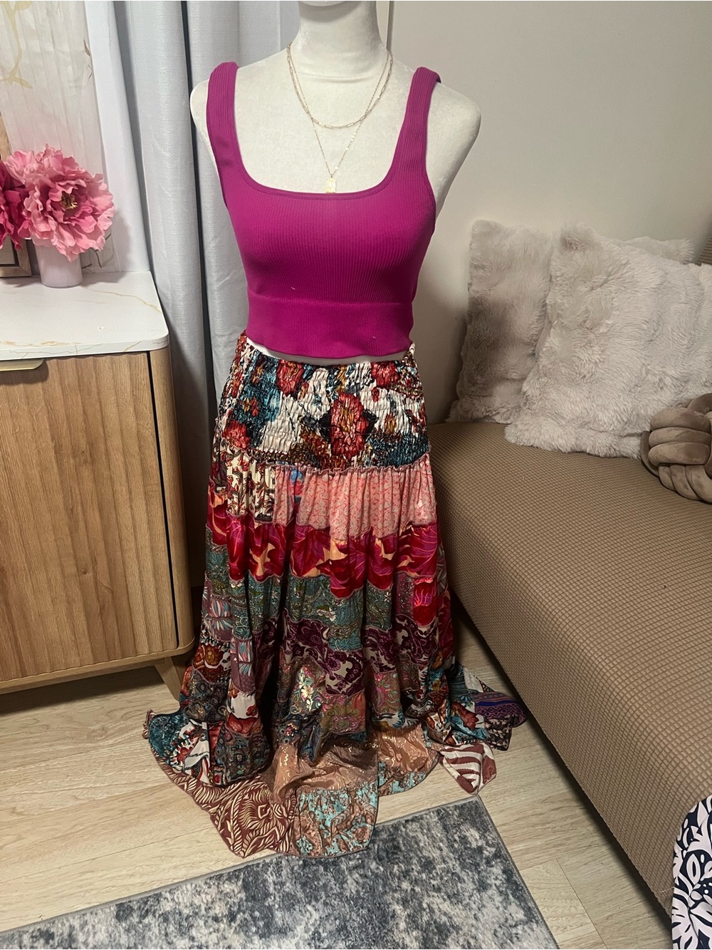 Boho A-Line Patchwork Maxi Skirt in Multi Pink
